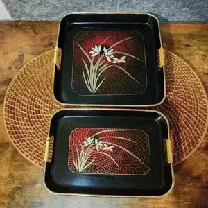 Lacquerware Serving Trays w/Handles Toyo Japan Black Vintage Serveware
